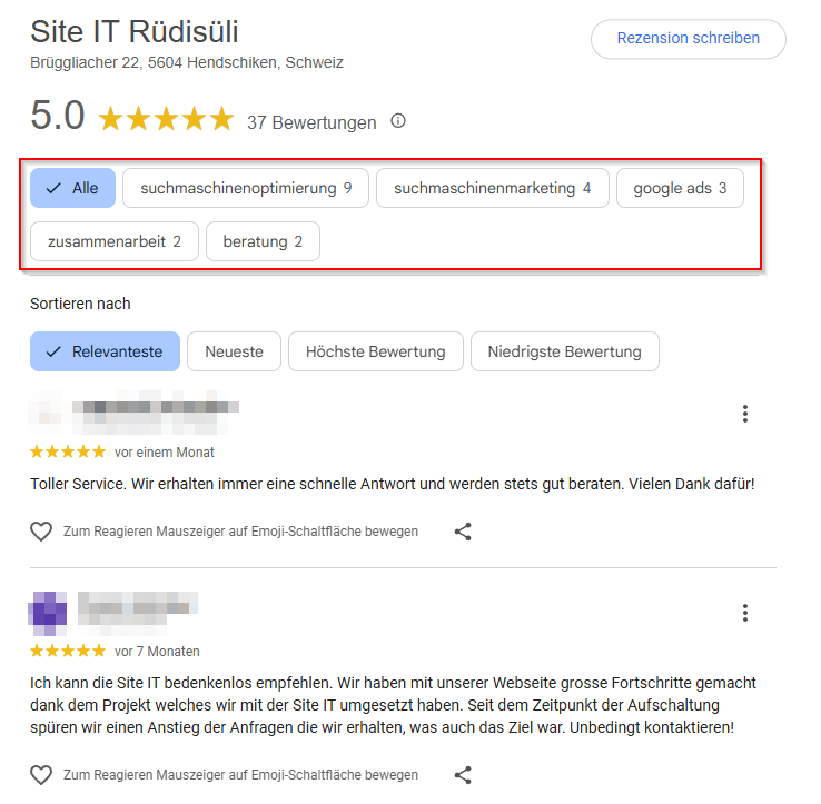 Google Rezensionen können nach Inhalt gefiltert werden